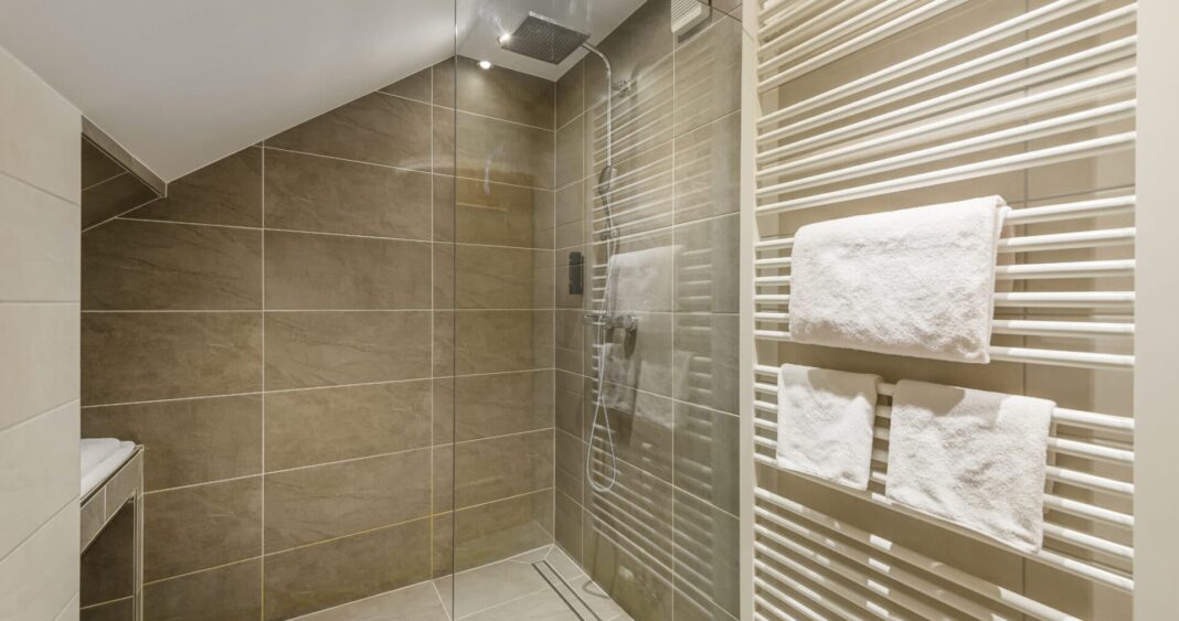 Modernes Badezimmer mit geräumiger Dusche in der Panorama Suite